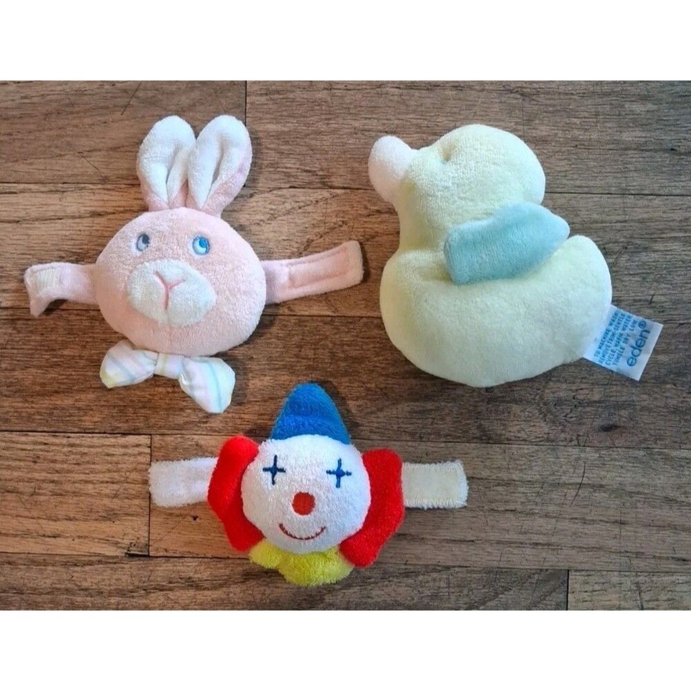 Vintage Eden Terry Cloth Plush Baby Wrist Rattle  Pink Bunny Clown Duck Lot 3